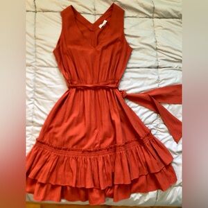 Calvin Klein Ruffle v Neck MIDI Dress